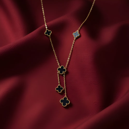Golden Stainless Steel Multi Black Clover Pendant and Studs