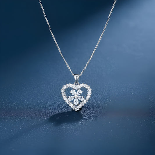 Silver Plated Zirconia Clear Heart Pendant and Flowerily Studs