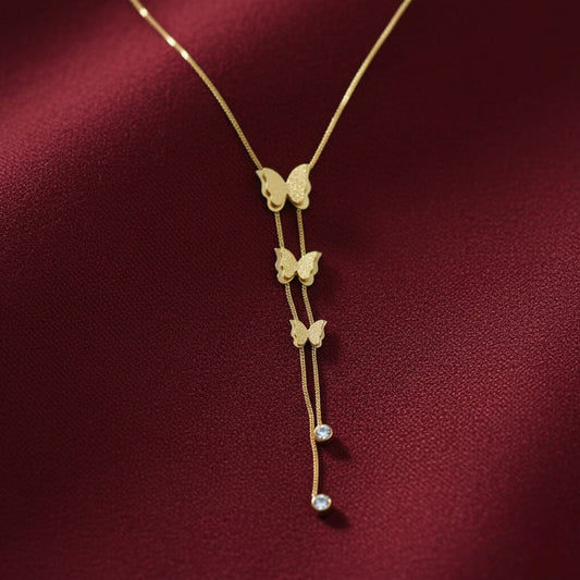 3D Golden Stainless Steel Butterfly Pendant and Studs