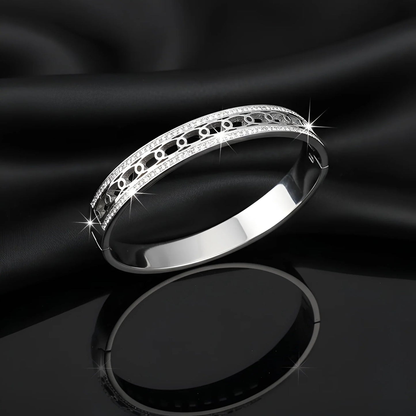 Silver-Toned Geometric Link and Pave Hinged Bangle