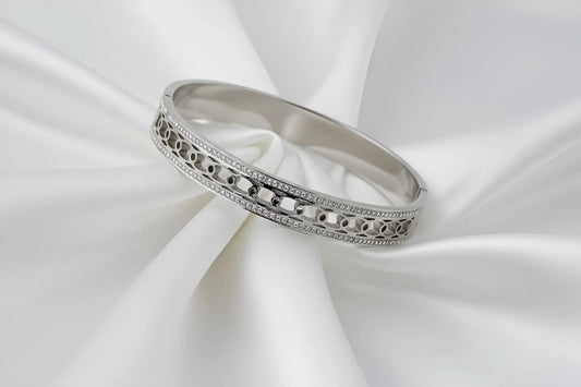 Silver-Toned Geometric Link and Pave Hinged Bangle