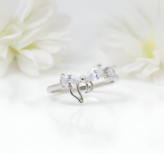Silver-Plated Bow Ring with Crystal Accent