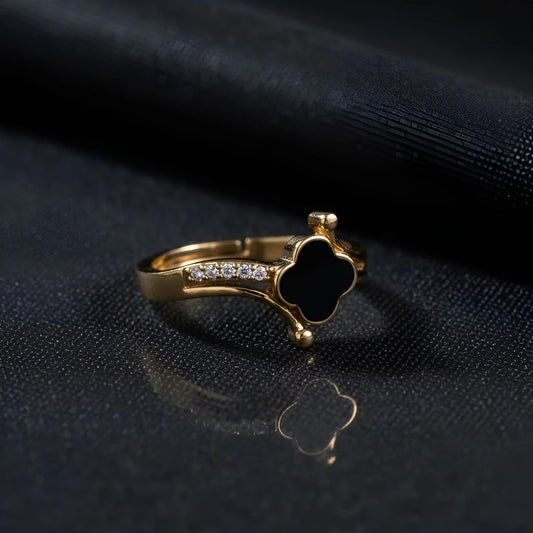 Adjustable Gold-Plated Black Clover Ring