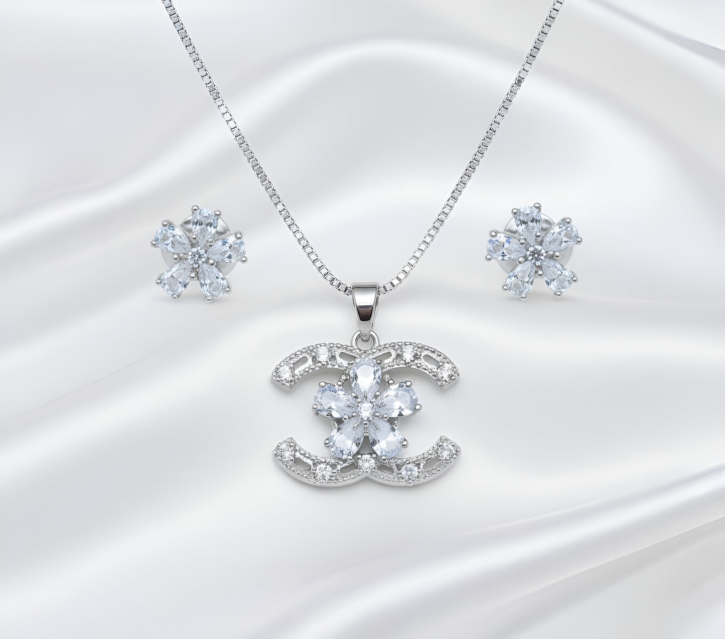 White Zirconia CC style Pendant and Flowerily Studs