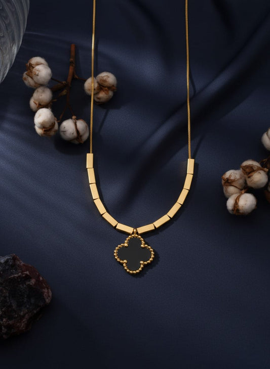 Golden Stainless Steel Black Clover Pendant and Tops Set