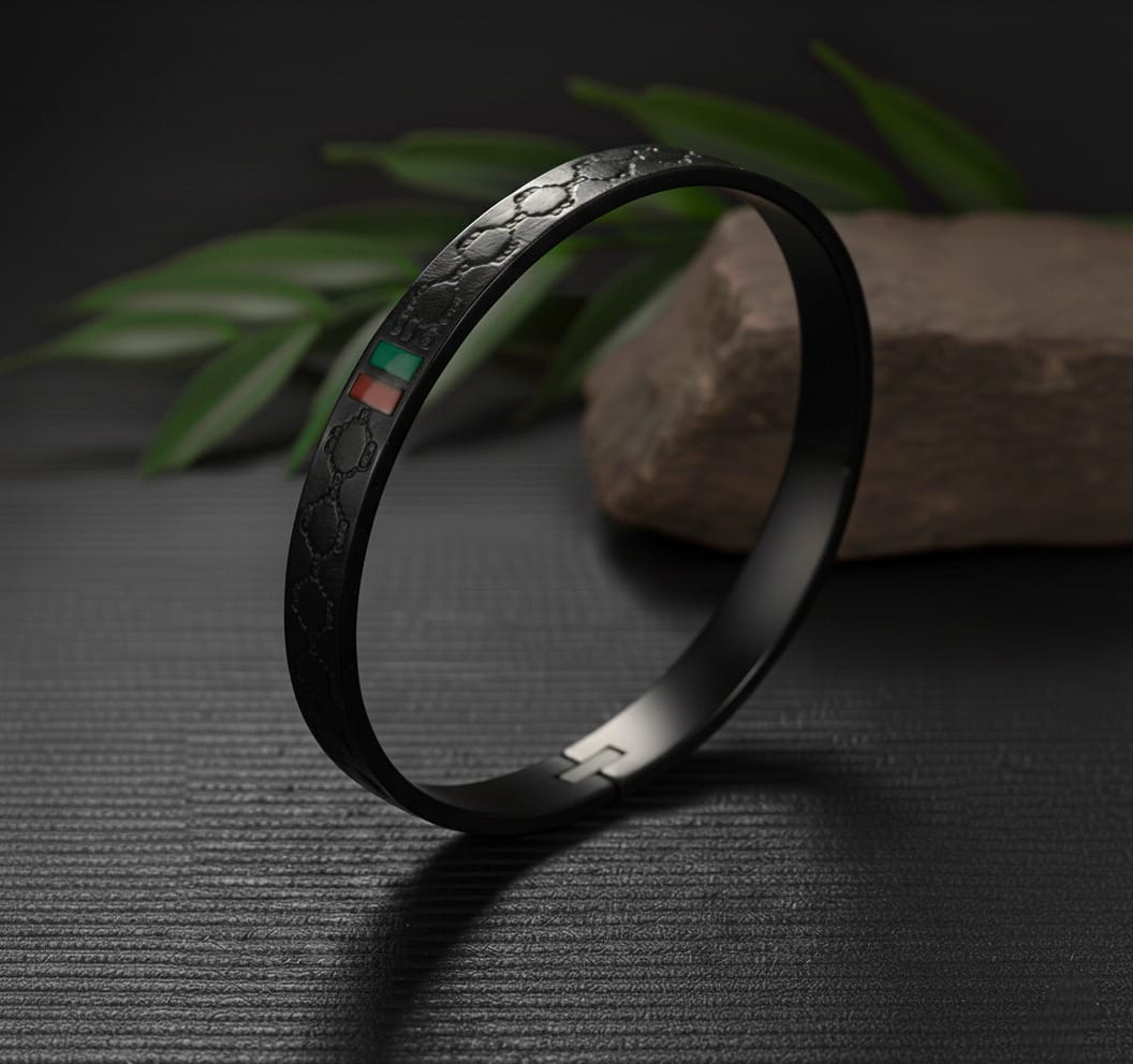 Sleek Matte Black Bangle with Signature Stripe Accent