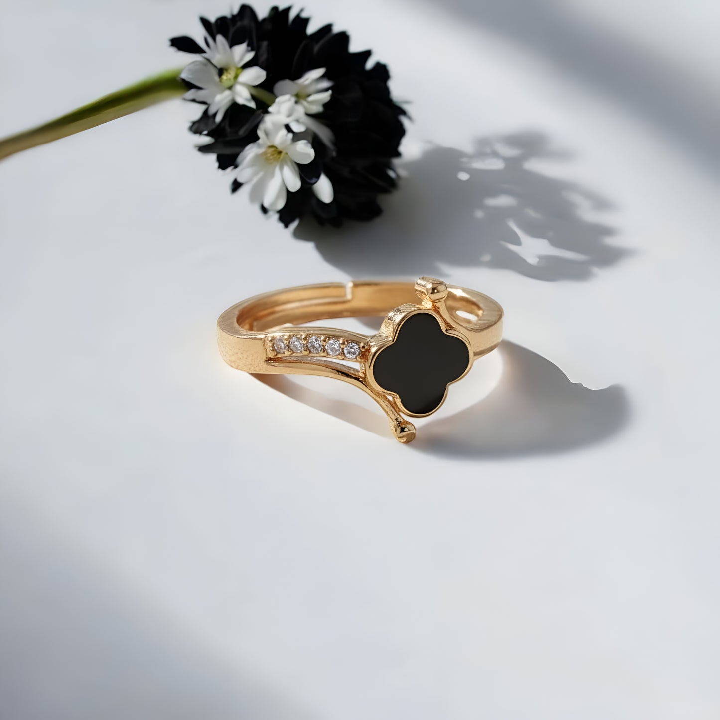 Adjustable Gold-Plated Black Clover Ring