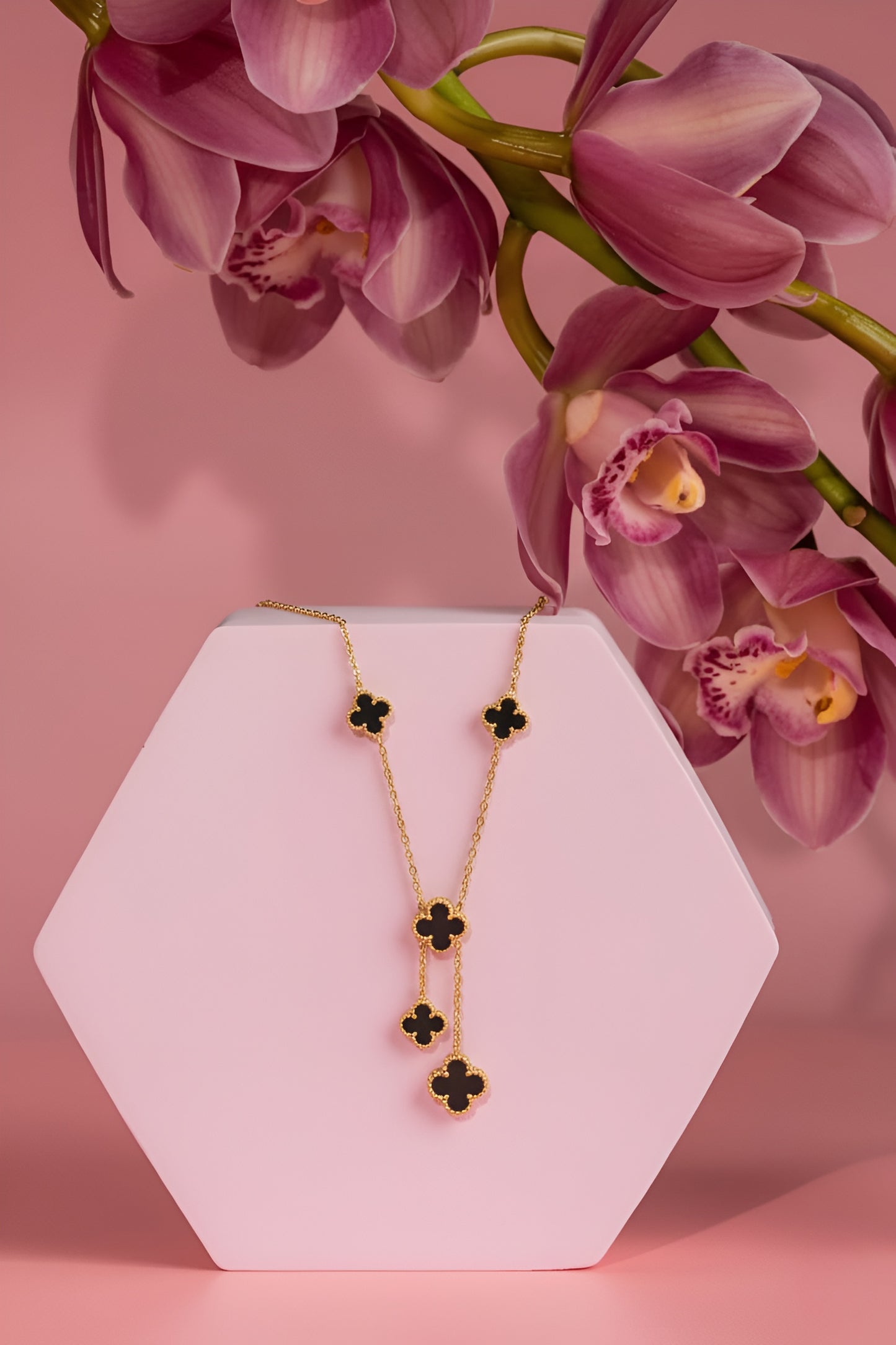 Golden Stainless Steel Multi Black Clover Pendant and Studs