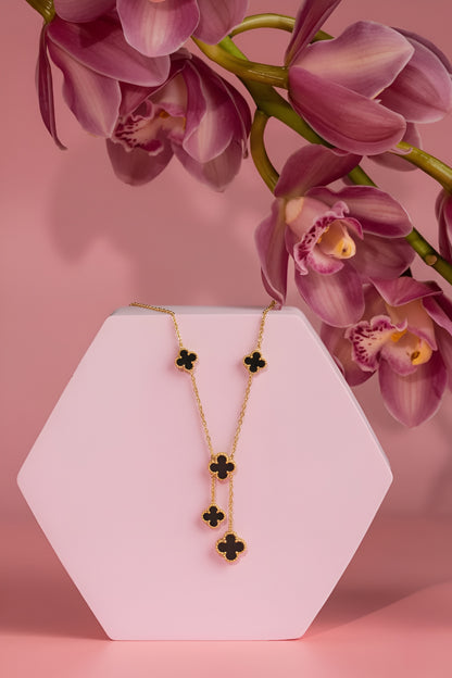 Golden Stainless Steel Multi Black Clover Pendant and Studs