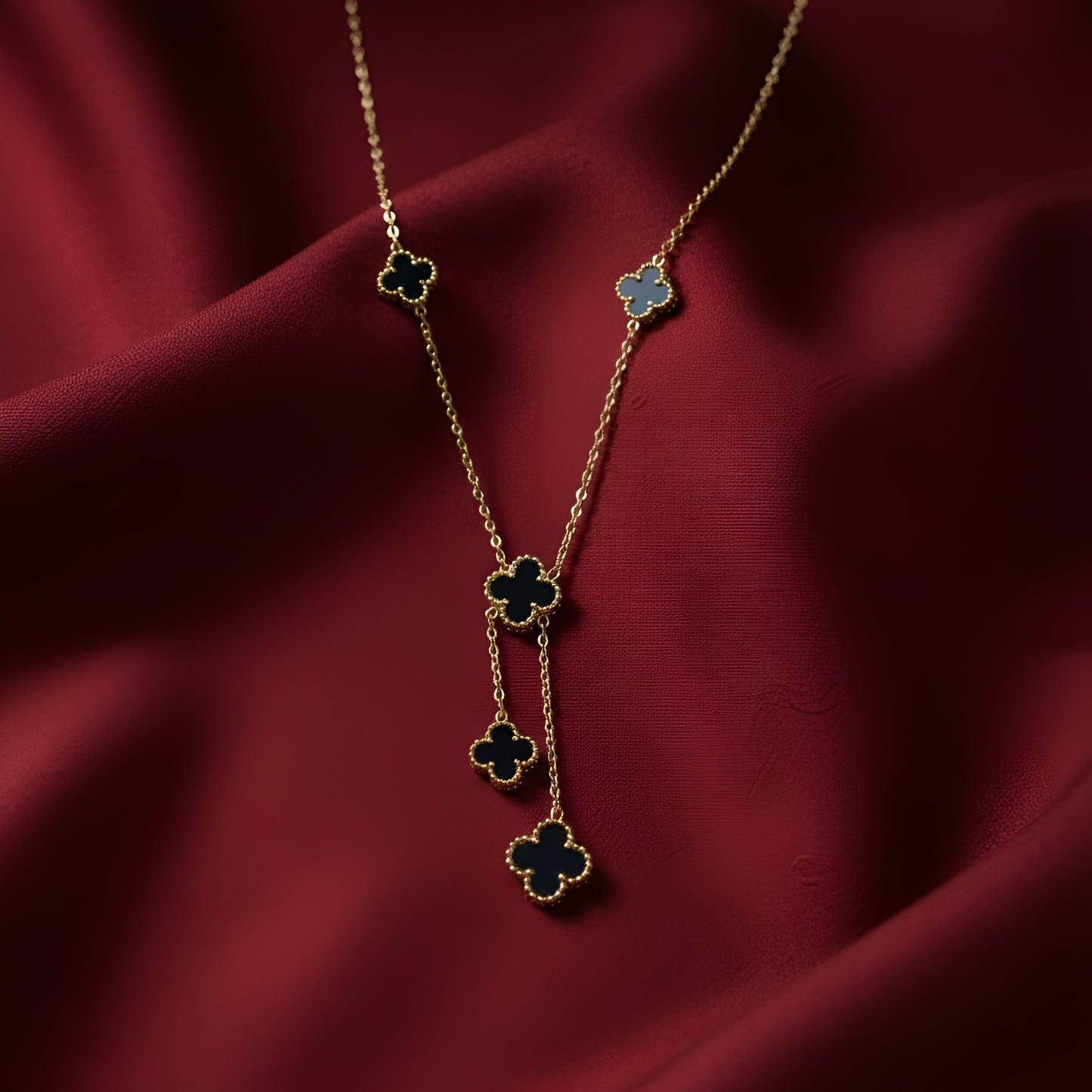 Golden Stainless Steel Multi Black Clover Pendant and Studs