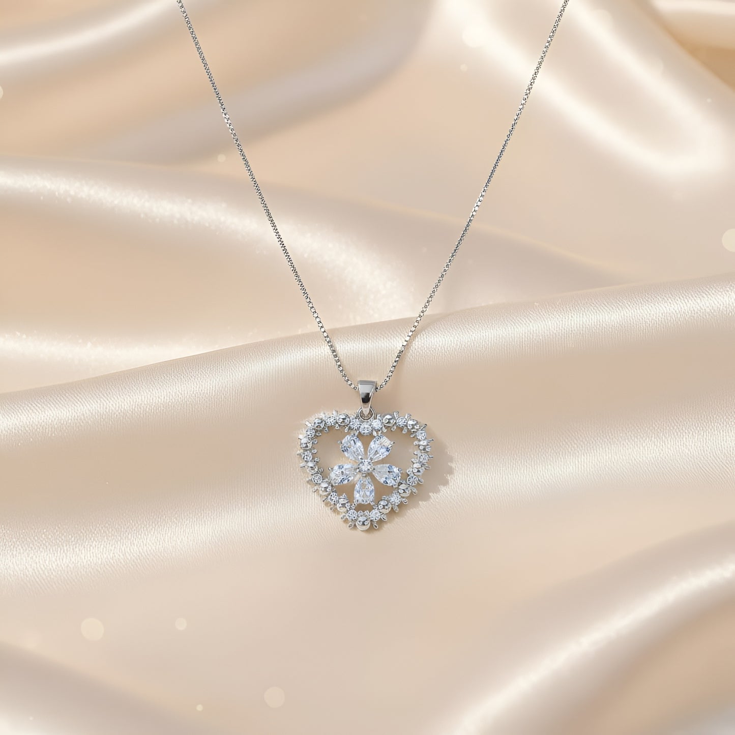 Silver Plated Zirconia Clear Heart Pendant and Flowerily Studs