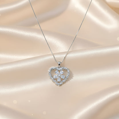 Silver Plated Zirconia Clear Heart Pendant and Flowerily Studs