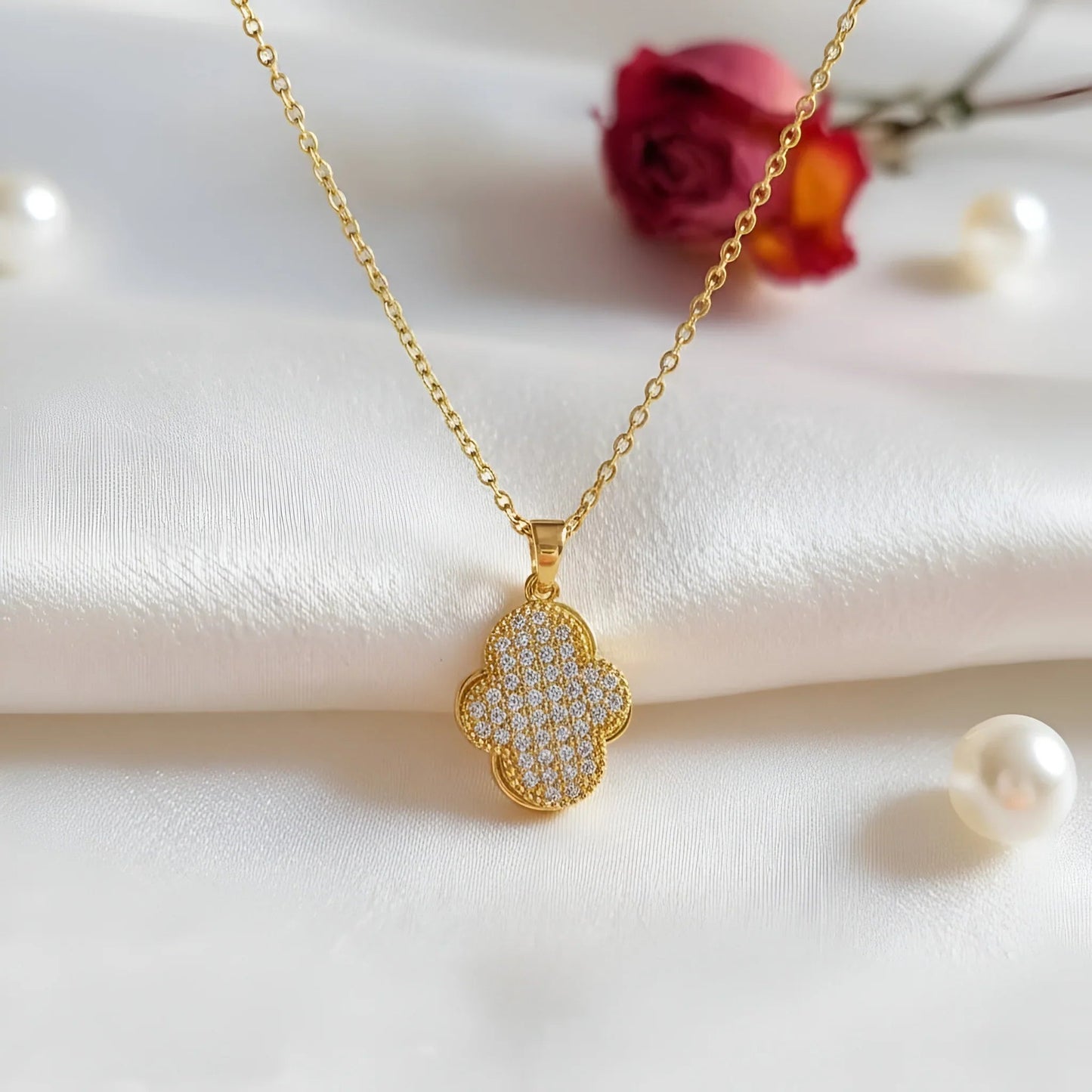 Elegant Gold-Plated Pave Clover Pendant Necklace