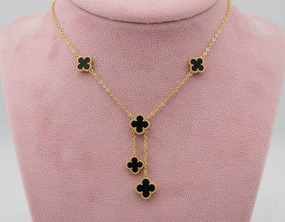 Golden Stainless Steel Multi Black Clover Pendant and Studs