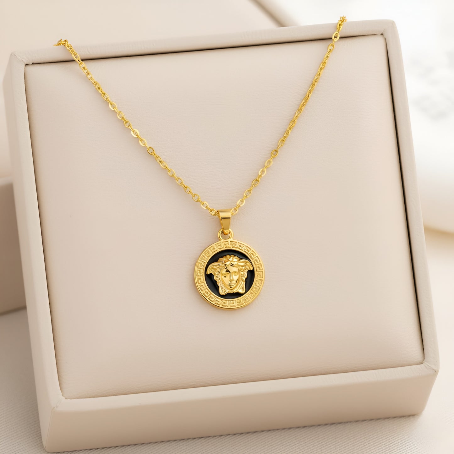 Stainless Steel Gold Plated Verse Black Pendant and Studs