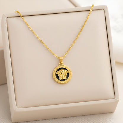 Stainless Steel Gold Plated Verse Black Pendant and Studs