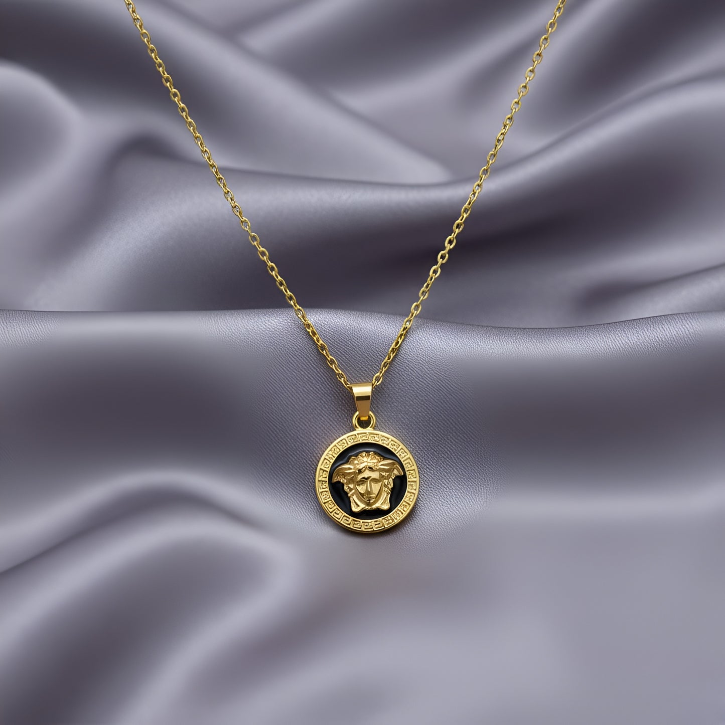 Stainless Steel Gold Plated Verse Black Pendant and Studs