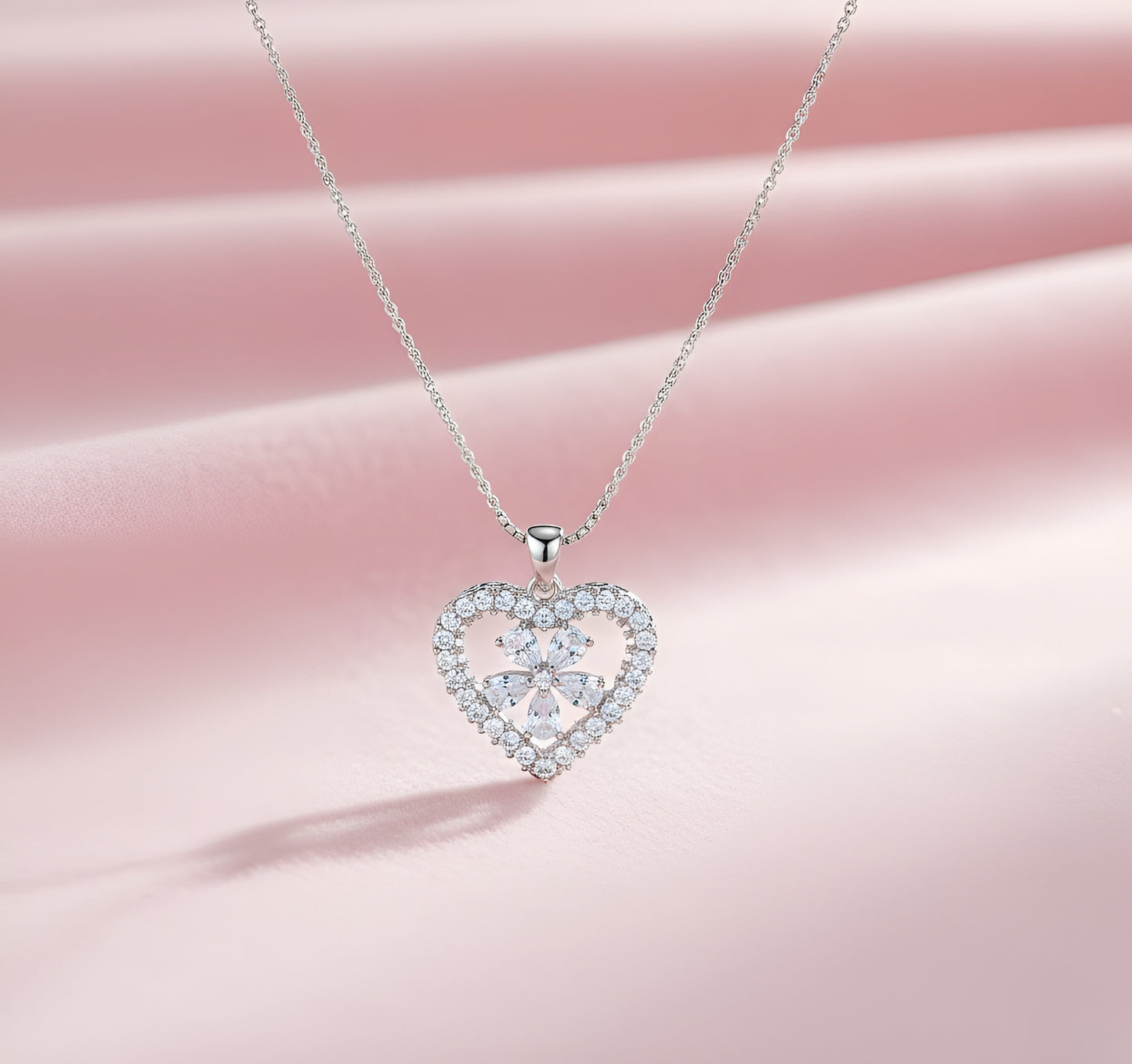 Silver Plated Zirconia Clear Heart Pendant and Flowerily Studs