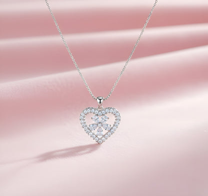 Silver Plated Zirconia Clear Heart Pendant and Flowerily Studs