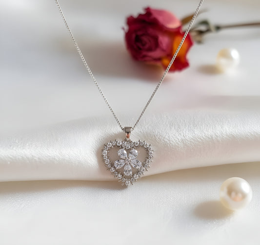 Silver Plated Zirconia Clear Heart Pendant and Flowerily Studs