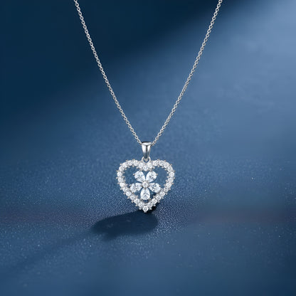 Silver Plated Zirconia Clear Heart Pendant and Flowerily Studs