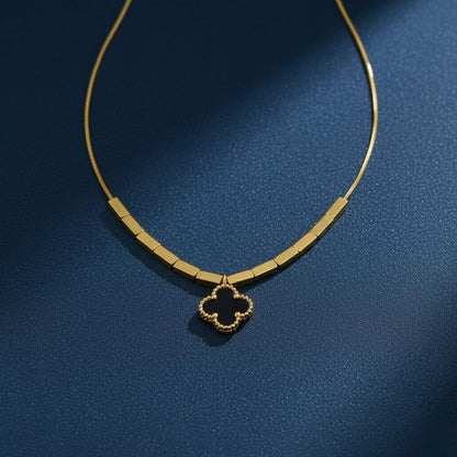 Golden Stainless Steel Black Clover Pendant and Tops Set