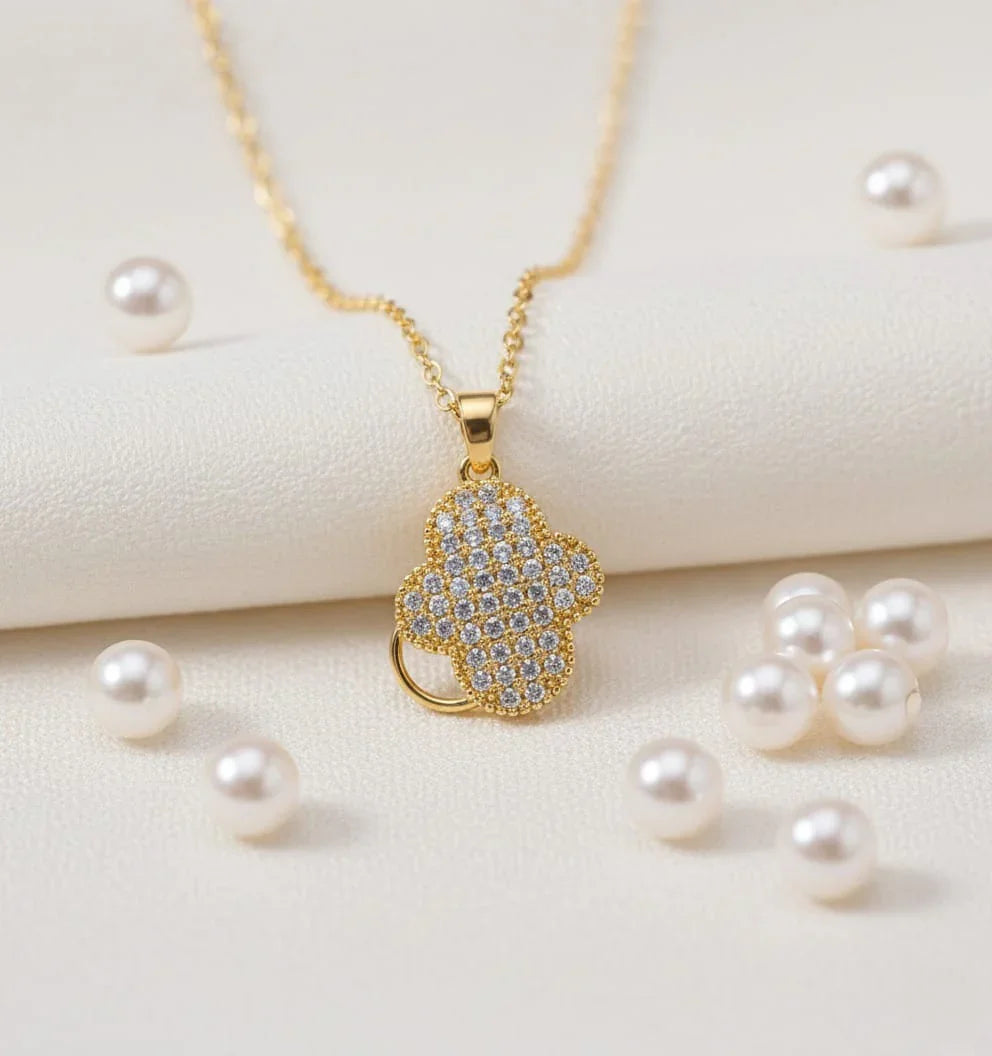 Elegant Gold-Plated Pave Clover Pendant Necklace