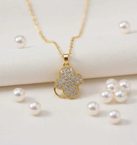 Elegant Gold-Plated Pave Clover Pendant Necklace