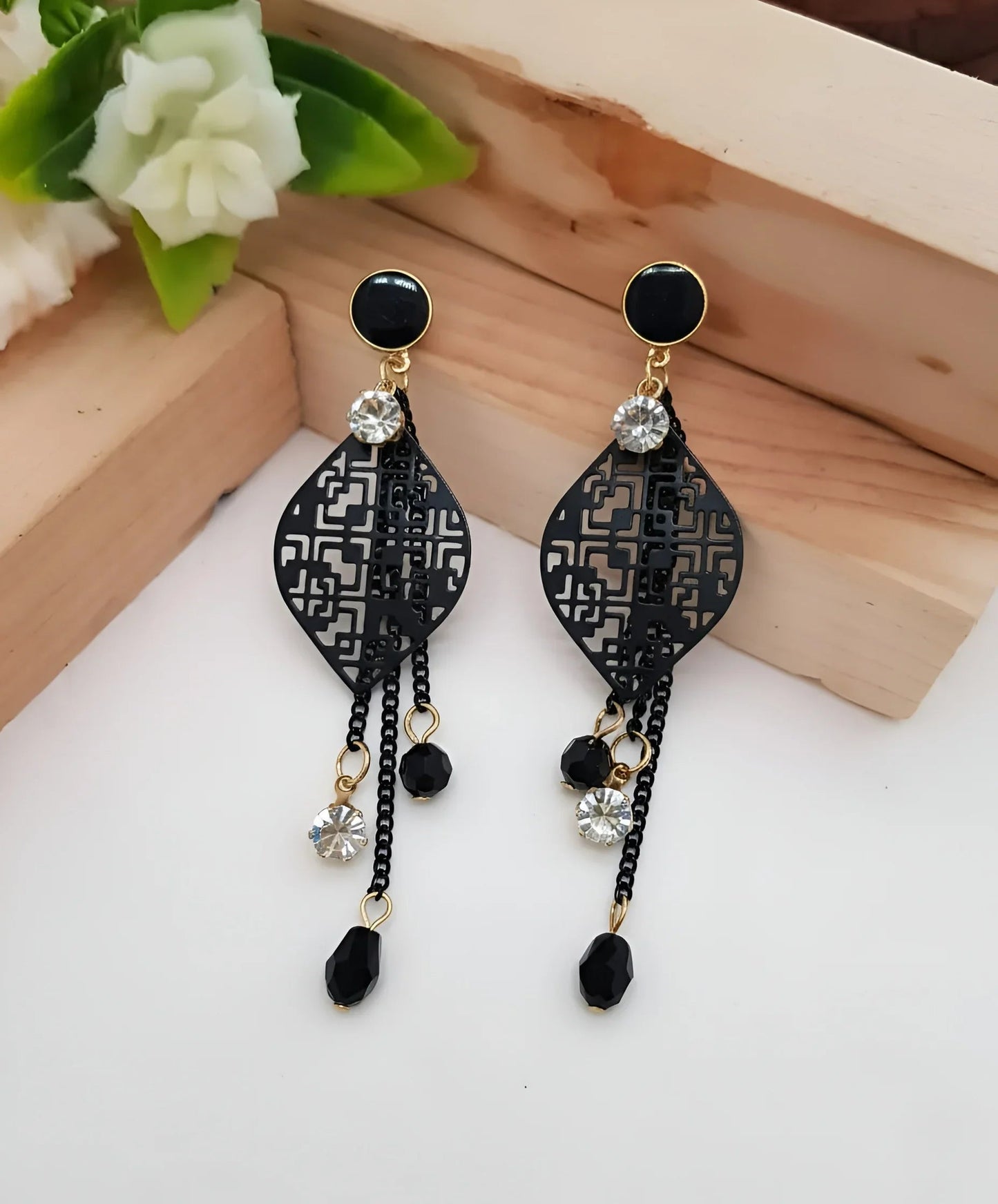 Bold Black & Gold Geometric Dangle Earrings