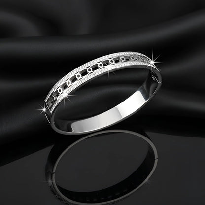 Silver-Toned Geometric Link and Pave Hinged Bangle
