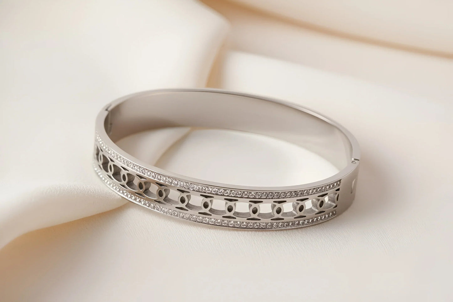 Silver-Toned Geometric Link and Pave Hinged Bangle