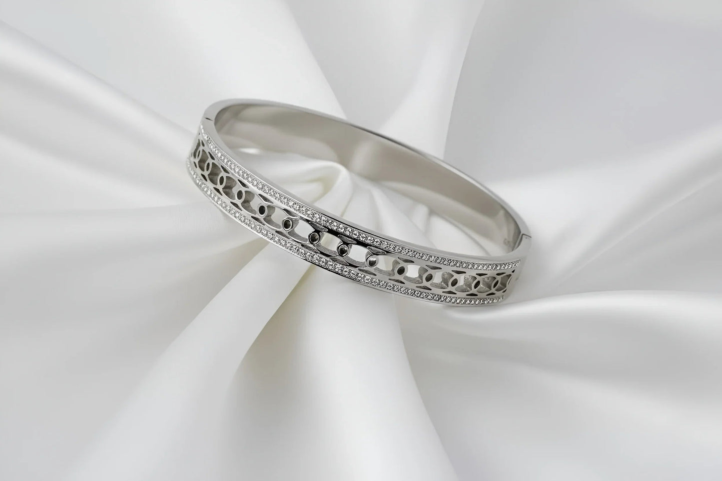 Silver-Toned Geometric Link and Pave Hinged Bangle