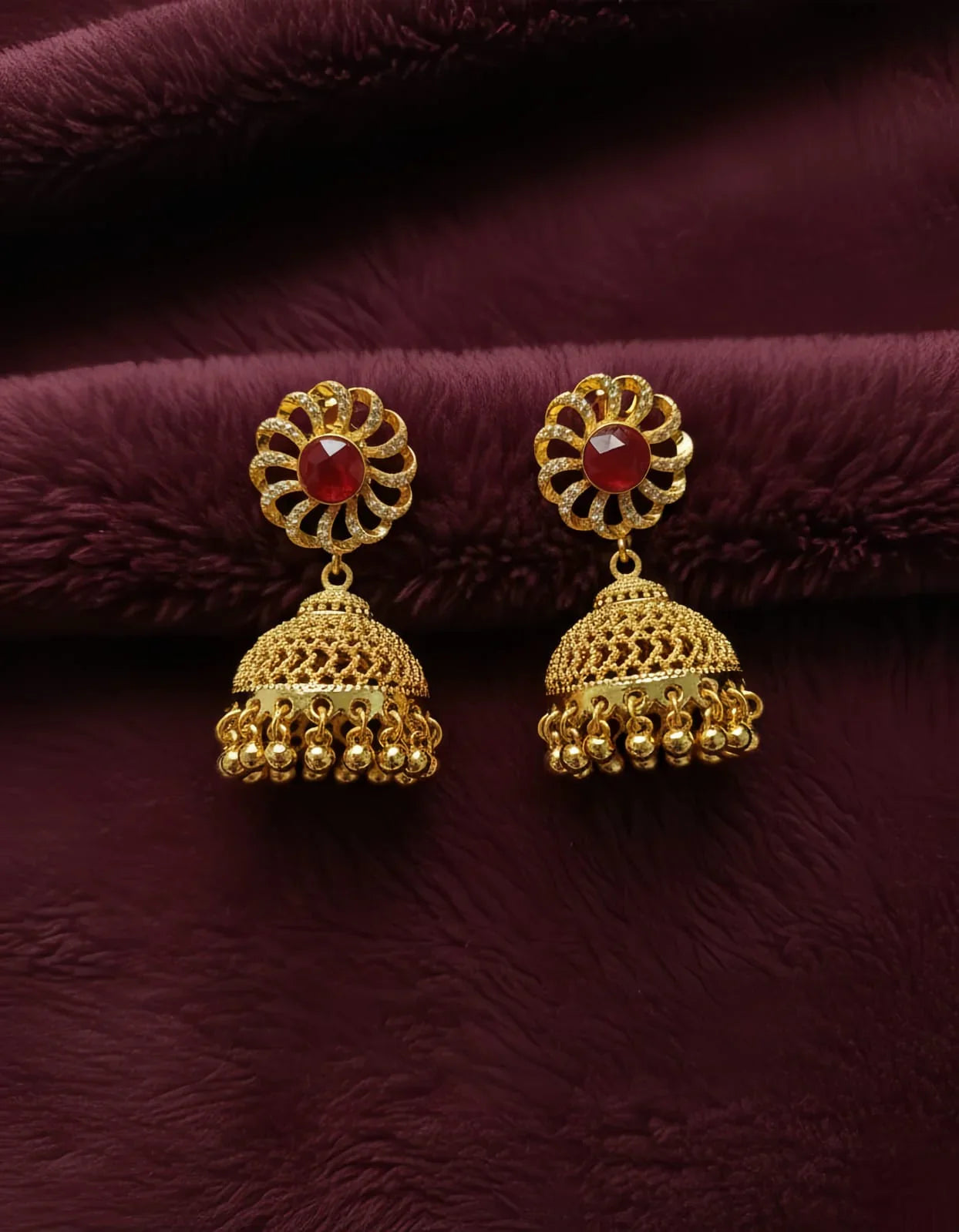Gold Plated Red Zircon Earrings
