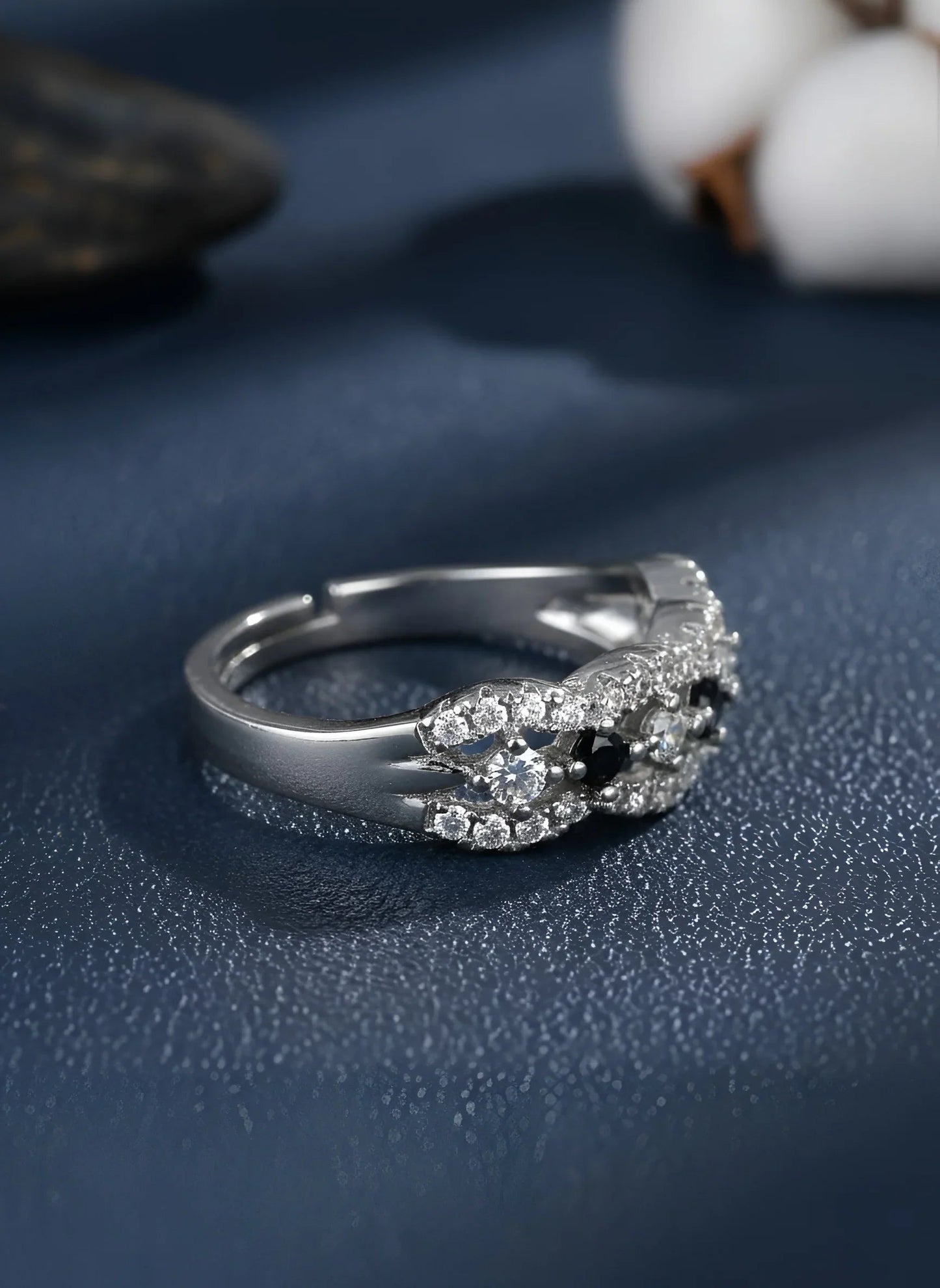 Adjustable Silver-Plated Pave Ring with Black & Clear Crystals