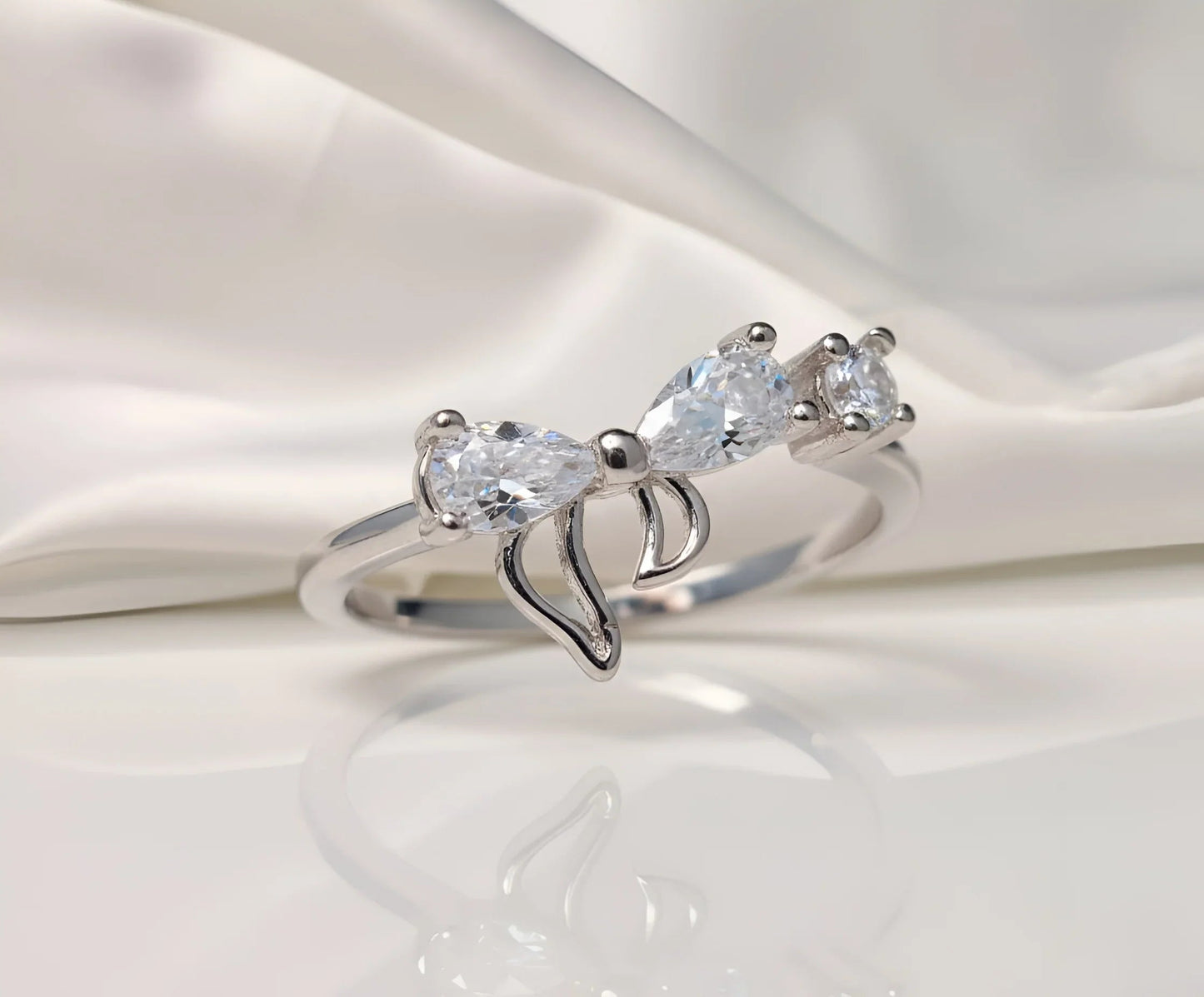 Silver-Plated Bow Ring with Crystal Accent
