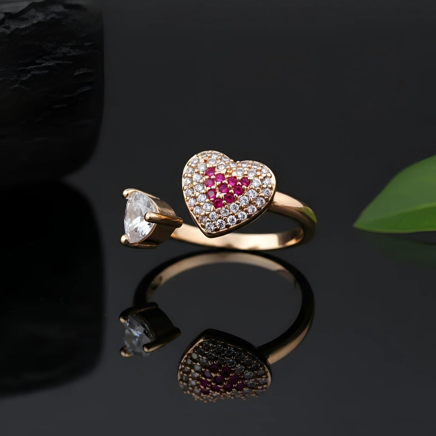 Adjustable Gold-Plated Open Ring with Red Heart and White Crystal