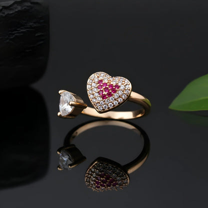 Adjustable Gold-Plated Open Ring with Red Heart and White Crystal