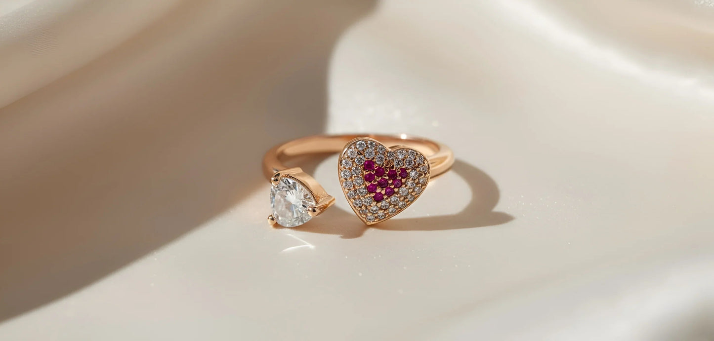 Adjustable Gold-Plated Open Ring with Red Heart and White Crystal