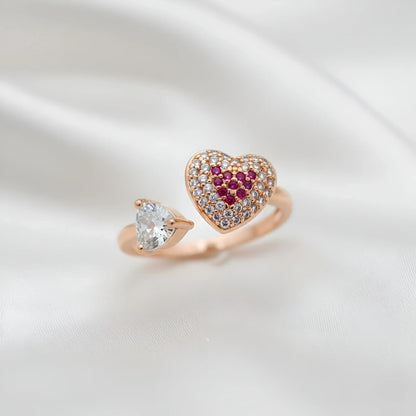Adjustable Gold-Plated Open Ring with Red Heart and White Crystal