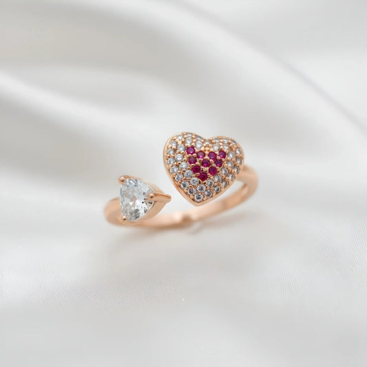 Adjustable Gold-Plated Open Ring with Red Heart and White Crystal