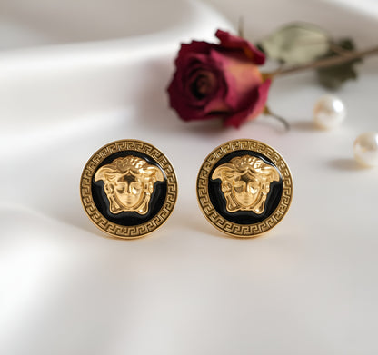 Stainless Steel Gold Plated Verse Black Pendant and Studs