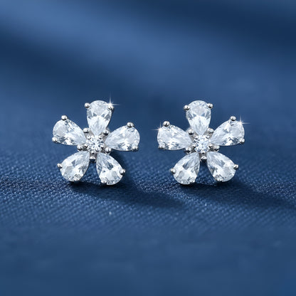 Silver Plated Zirconia Clear Heart Pendant and Flowerily Studs