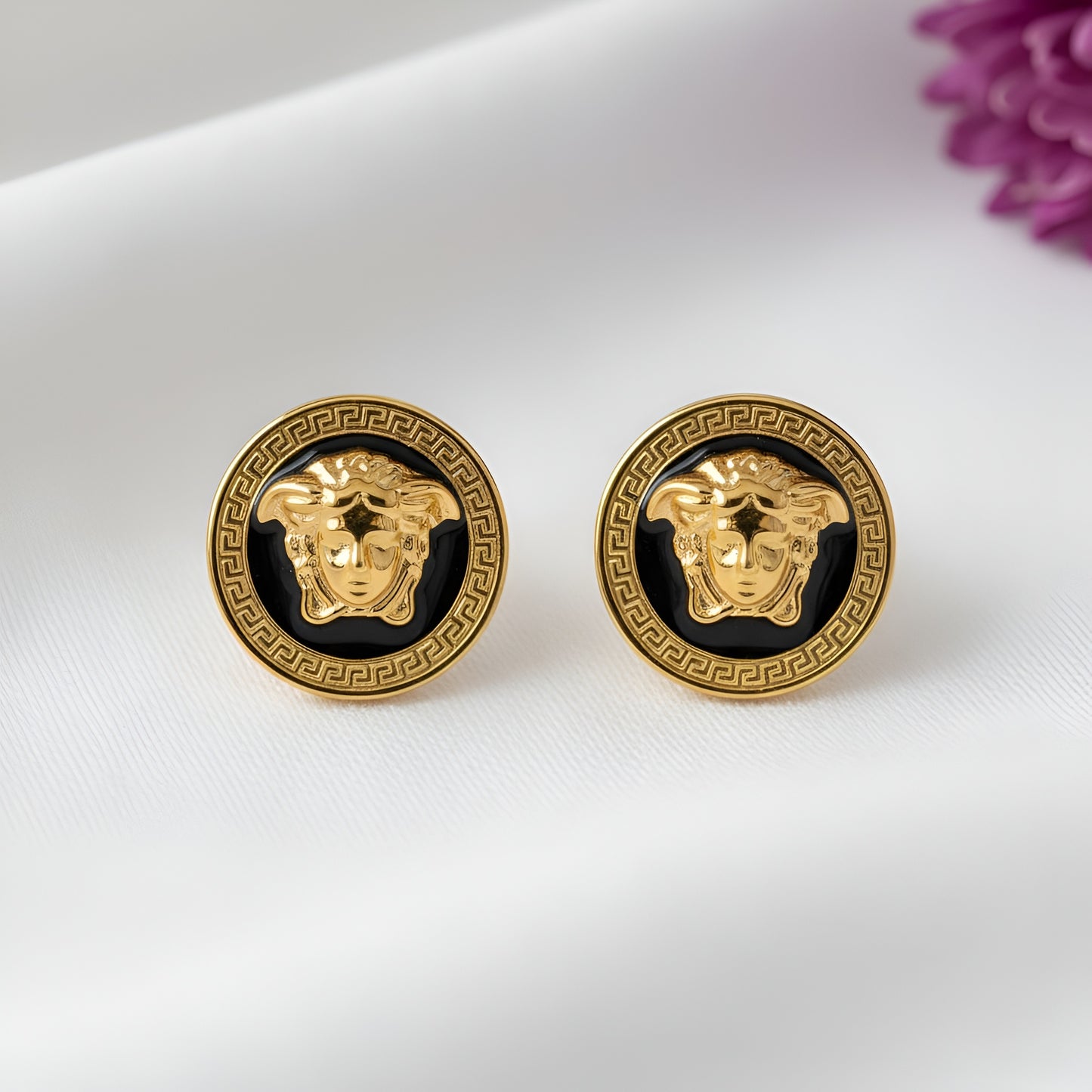 Stainless Steel Gold Plated Verse Black Pendant and Studs