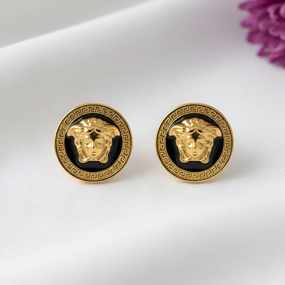 Stainless Steel Gold Plated Verse Black Pendant and Studs