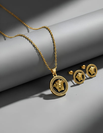 Stainless Steel Gold Plated Verse Black Pendant and Studs