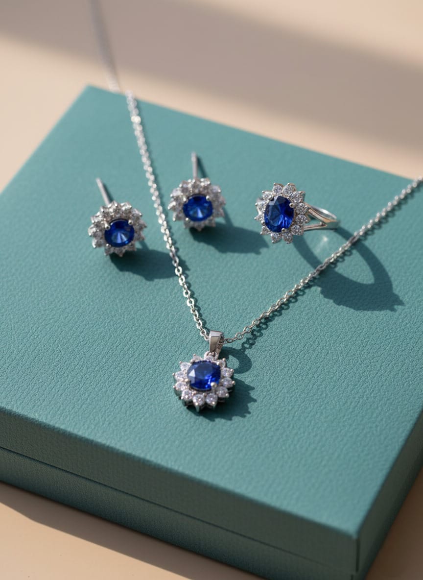 Royal Blue Zirconia Halo Jewelry Set