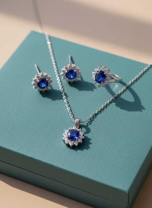 Royal Blue Zirconia Halo Jewelry Set