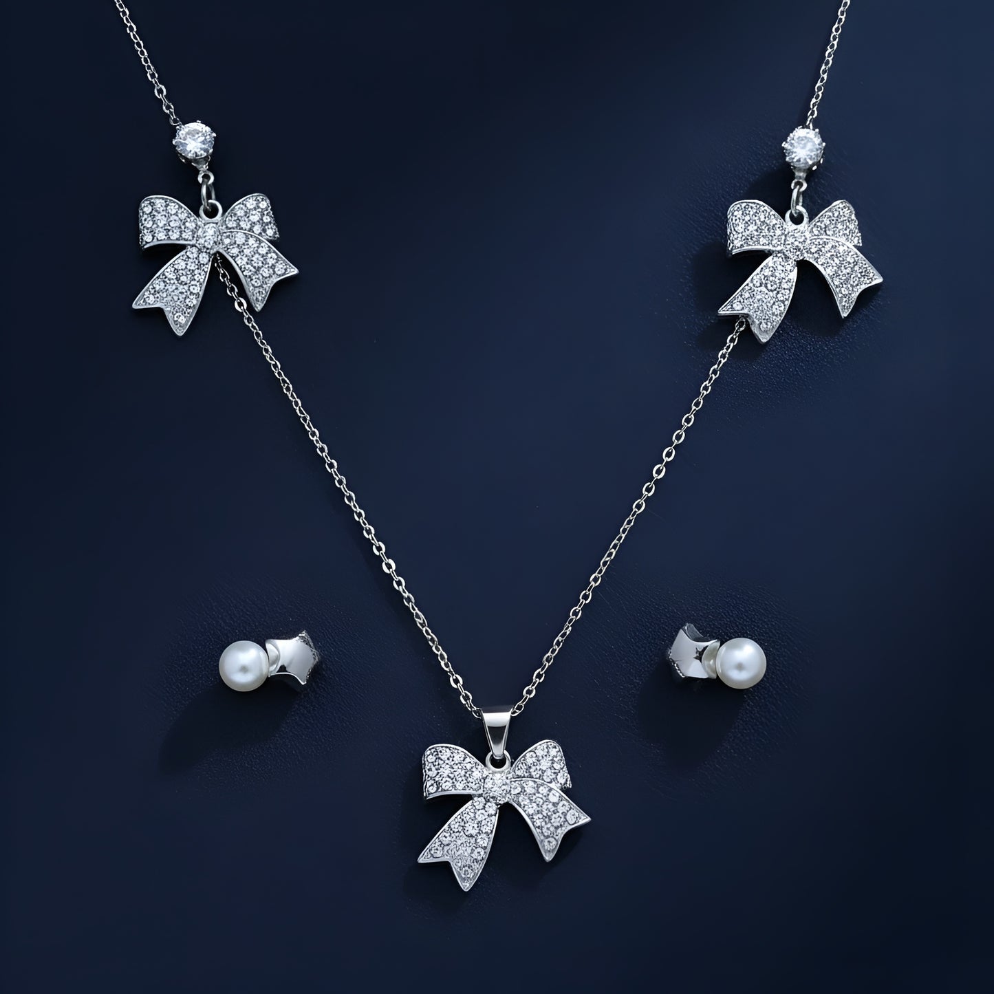 Silver Plated Fancy Wear Bow Necklace and Studs