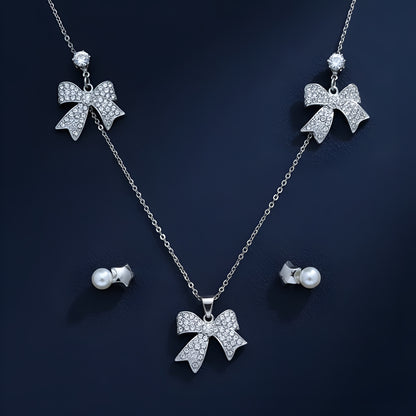 Silver Plated Fancy Wear Bow Necklace and Studs