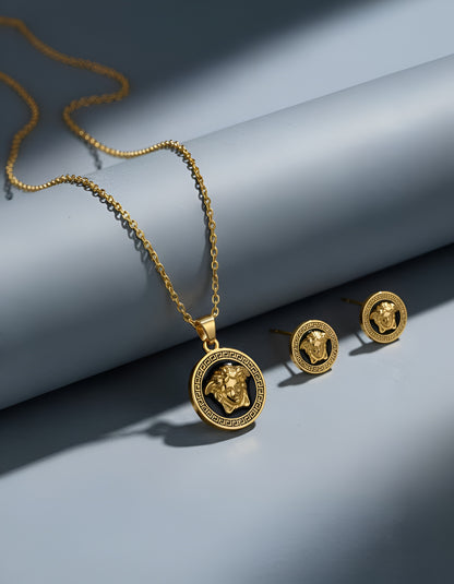 Stainless Steel Gold Plated Verse Black Pendant and Studs